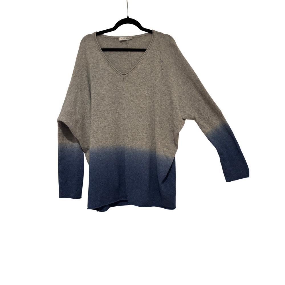 Kokun sz L oversized grey/blue ombre cashmere V neck sweater slouchy comfy O